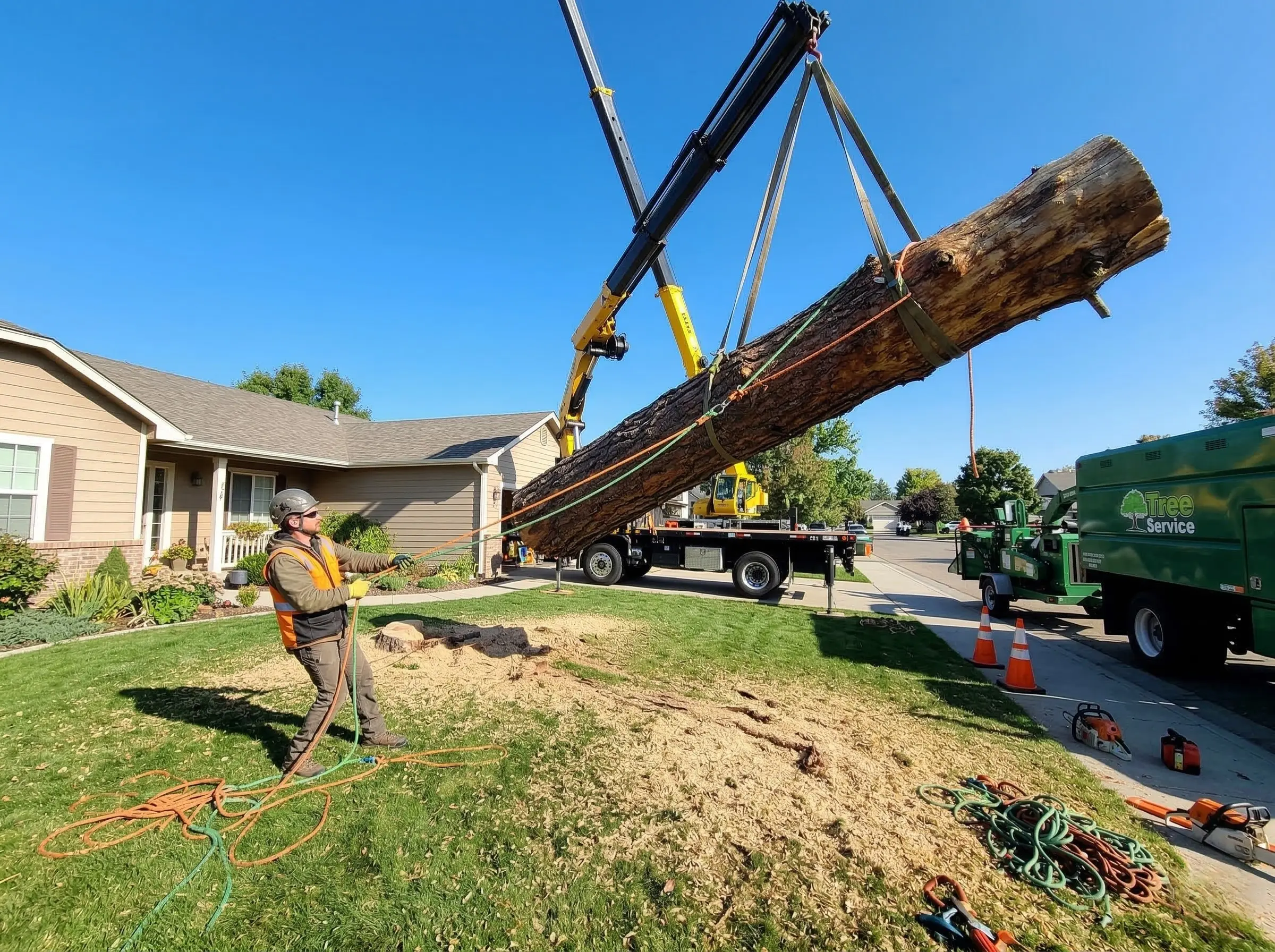 Arborist crew using a crane to remove a dead pine tree in a Boise front yard